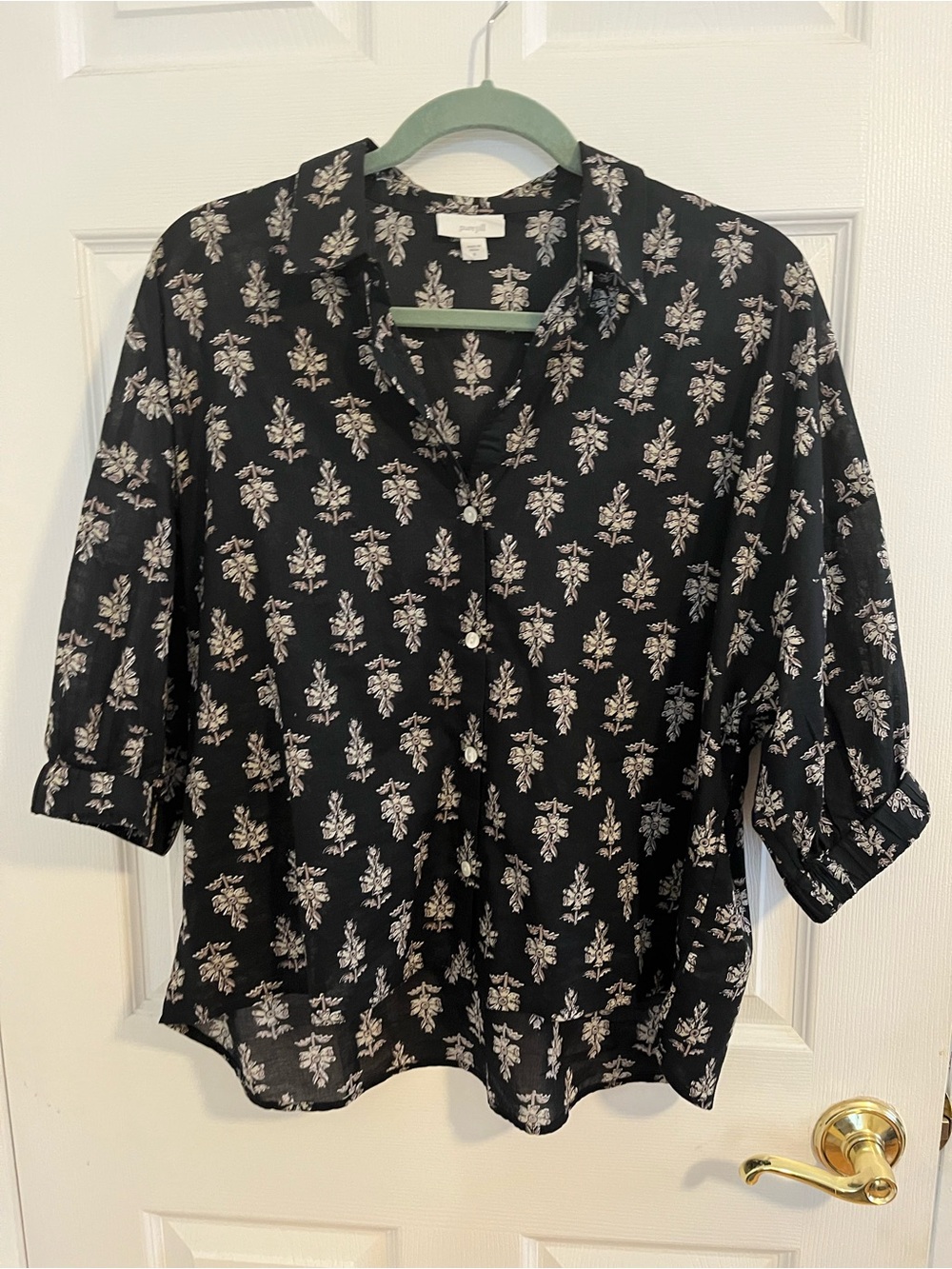 J Jill Women's Black Floral Button-Up Blouse